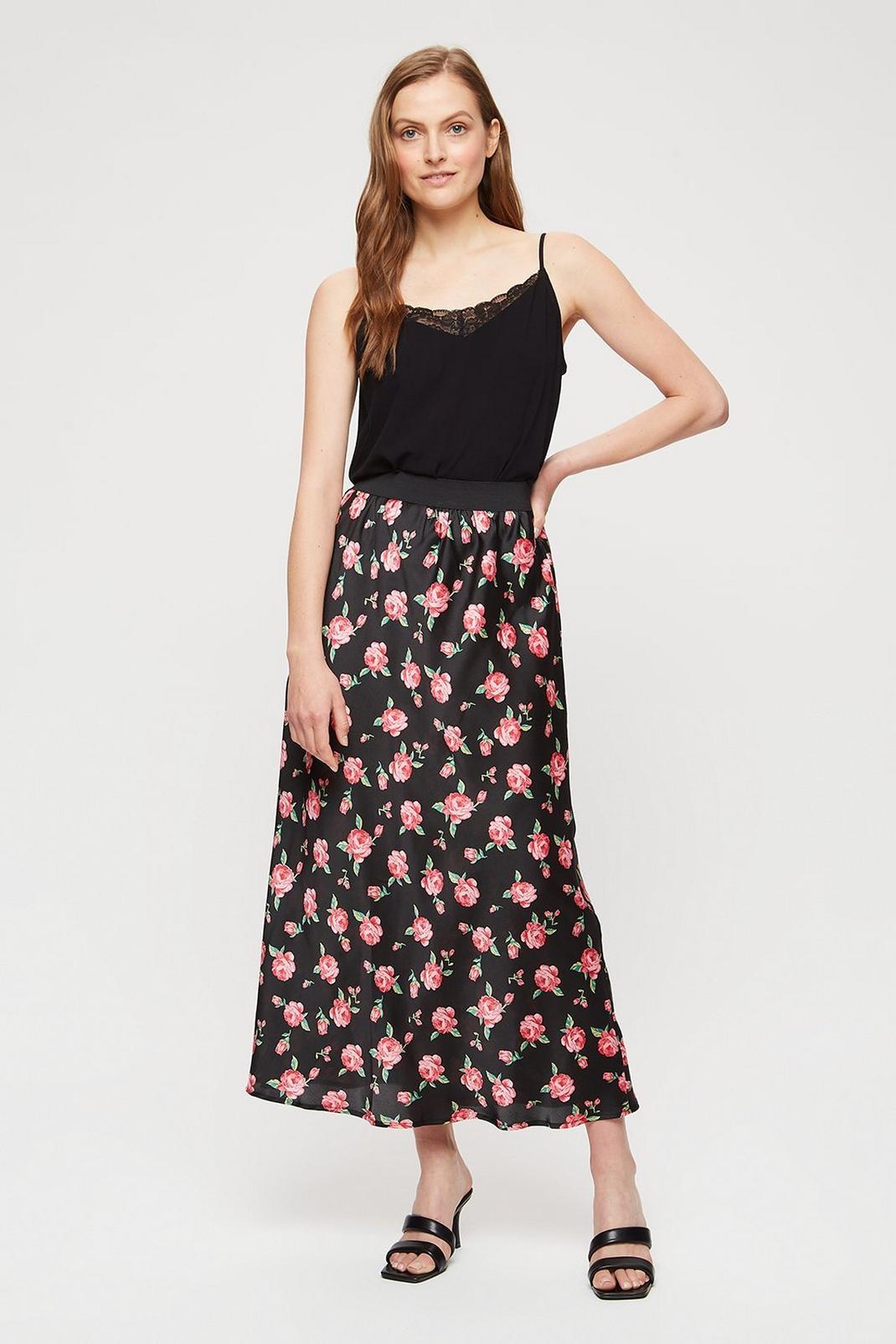 Black Rose Print Satin Bias Midi Skirt image number 1