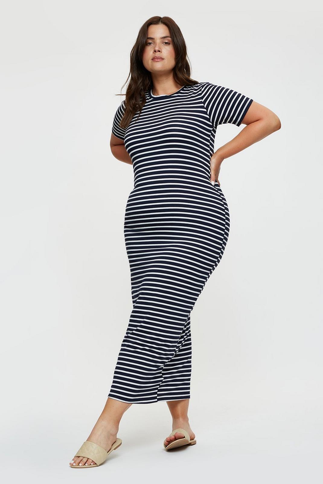 Curve Navy Stripe Maxi T-shirt Dress image number 1