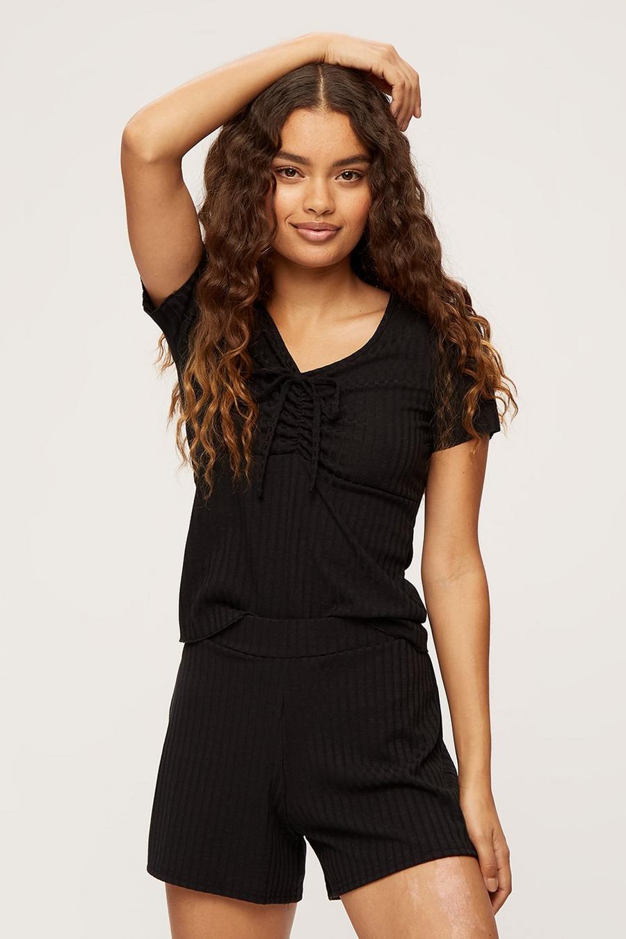 Petite Black Ruched Front Rib Top