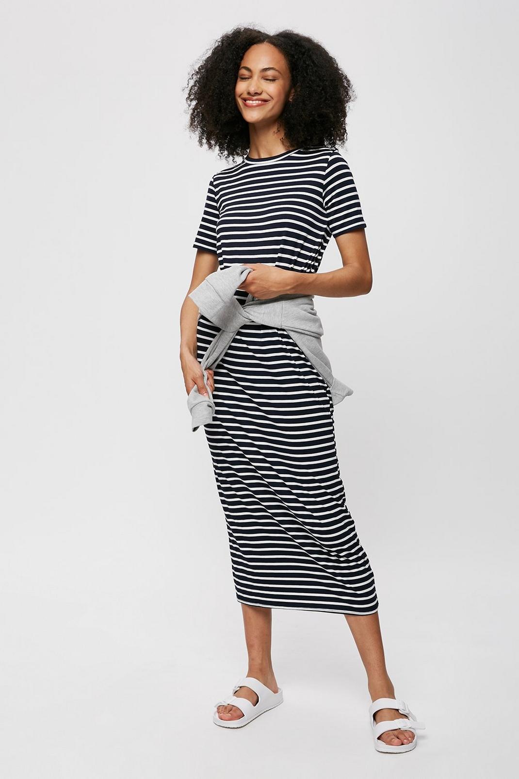 Multi Tall Navy Stripe T-shirt Midi Dress image number 1