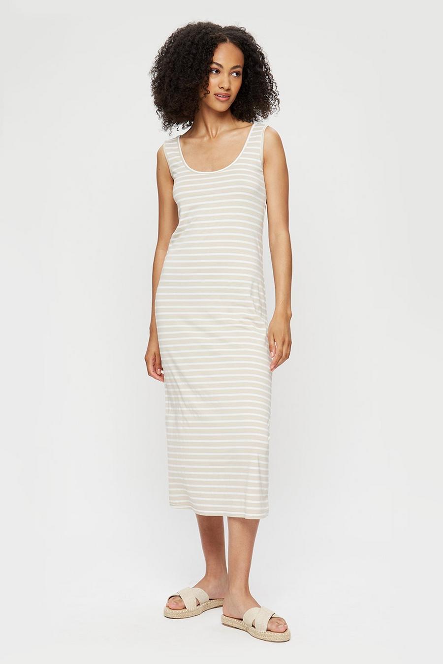 Tall Neutral Stripe Sleeveless Midi Dress