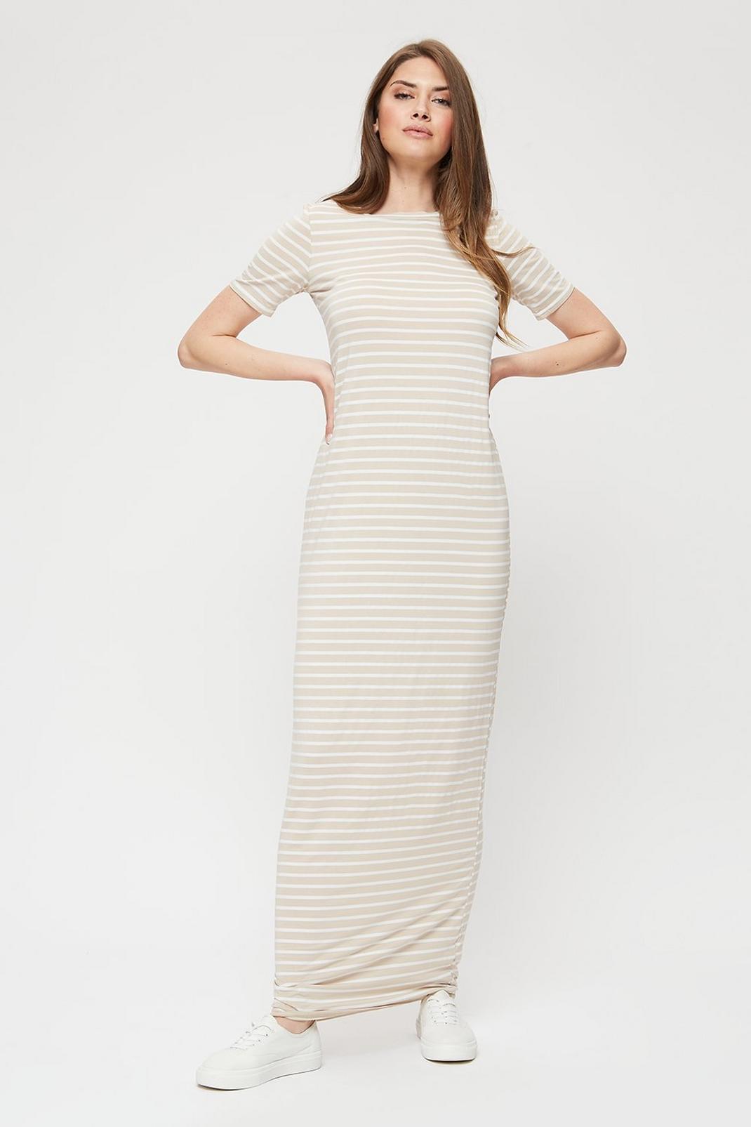 Multi Tall Neutral Stripe T-shirt Maxi Dress image number 1