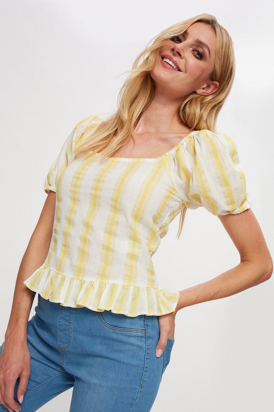Yellow Stripe Linen Smocked Co-ord Top