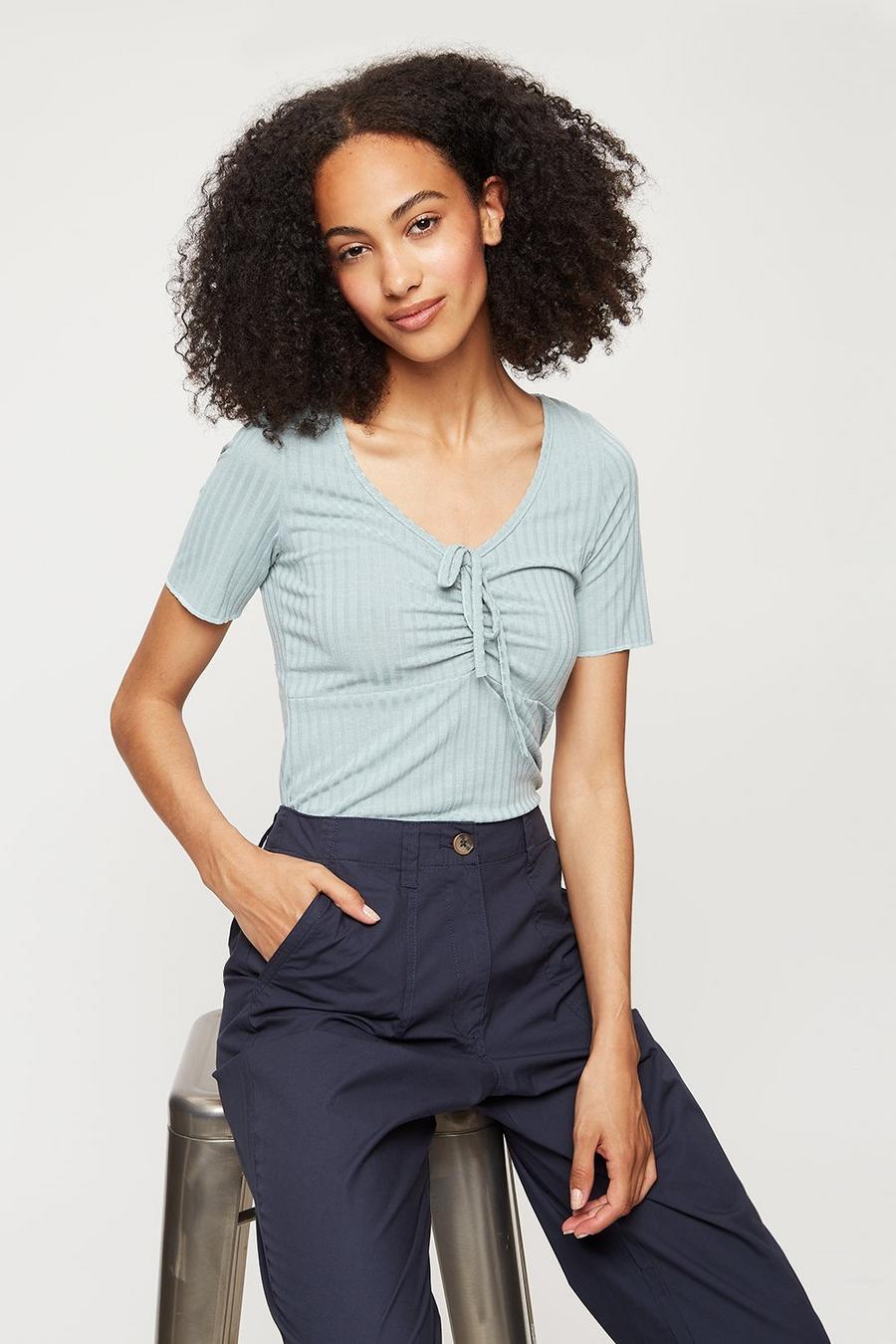 Tall Sage Ruched Front Jersey Ribbed Top