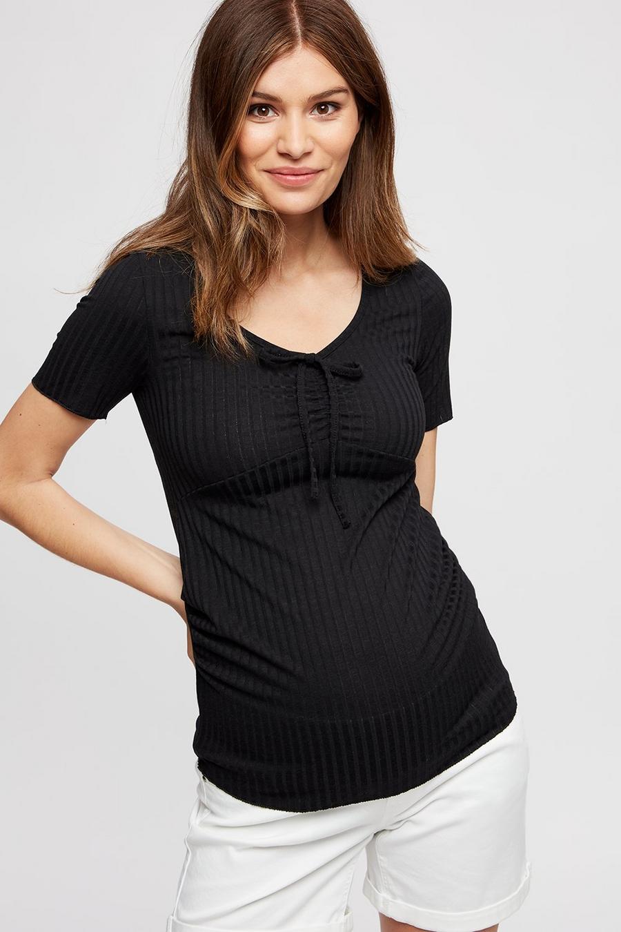 Maternity Black Ruched Front Jersey Rib Top