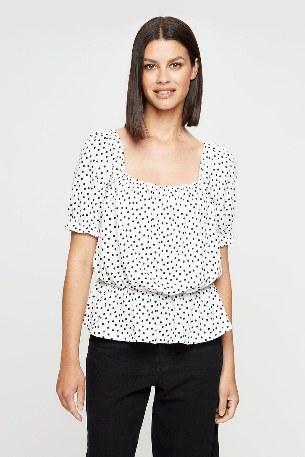 Ivory Spot Shirred Cuff Square Neck Top image number 1