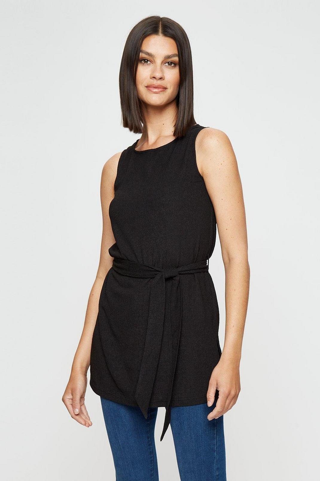 Black Textured Belted Tunic Top image number 1