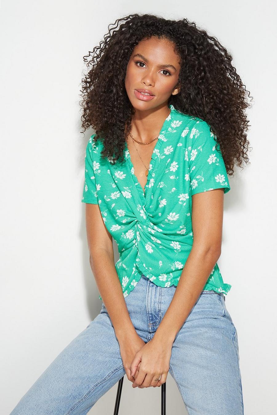 Green Ditsy Twist Front Top