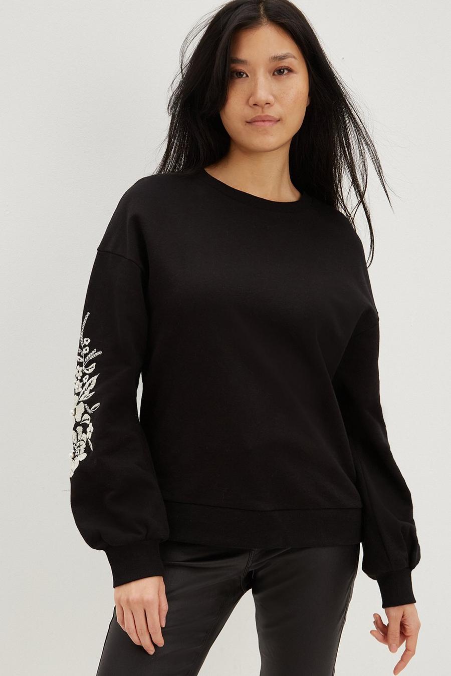Black Embroidered Pearl Sleeve Detail Sweatshirt