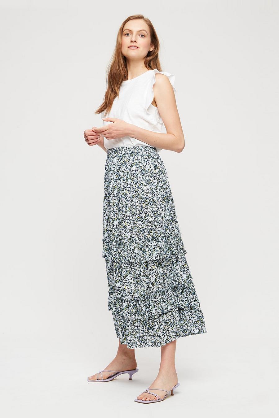 Blue Floral Crinkle Midi Skirt