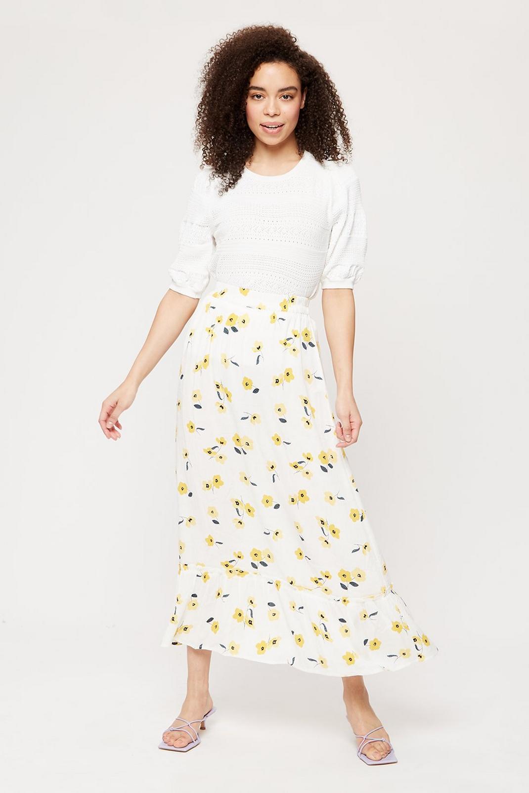 Yellow Floral Crinkle Co-ord Midi Skirt image number 1