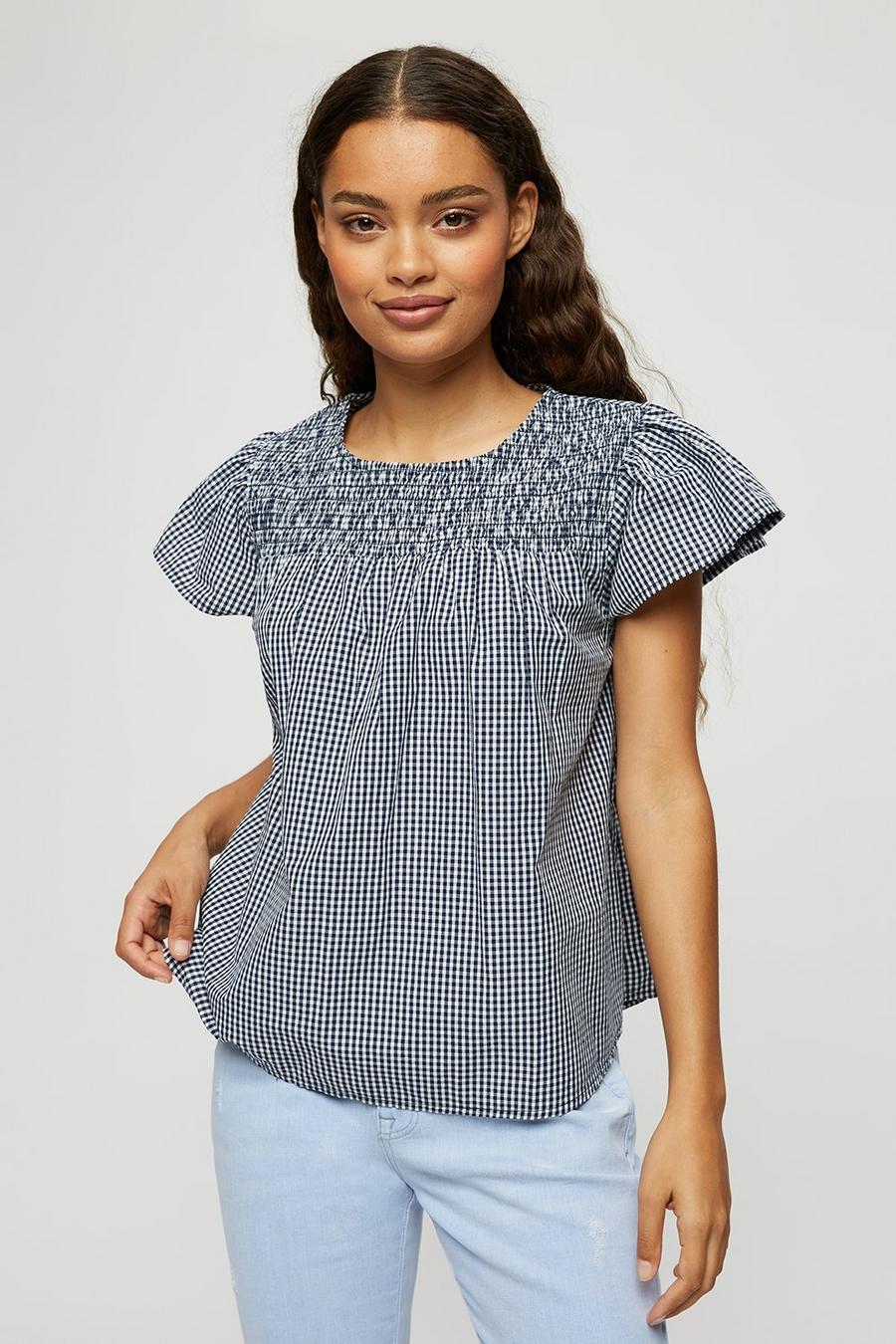 Petite Navy Gingham Shirred Frill Top