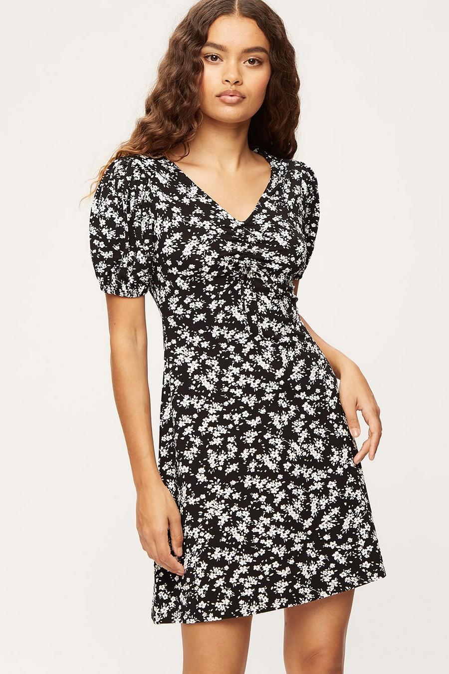 Petite White Floral Ruched Front Dress