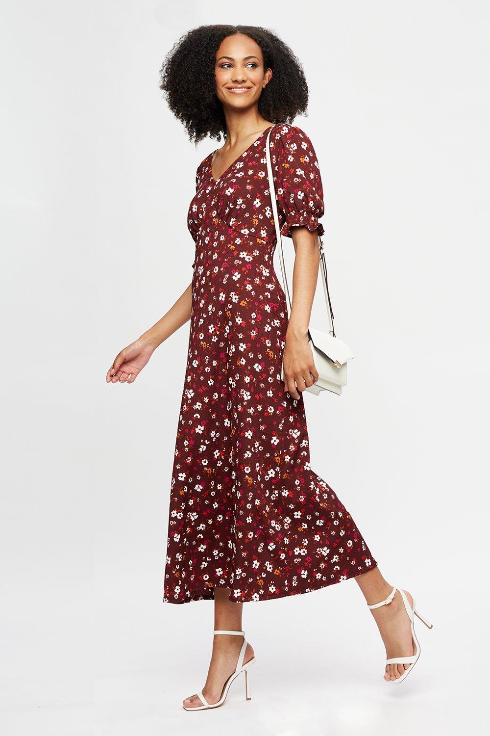 rust floral midi dress