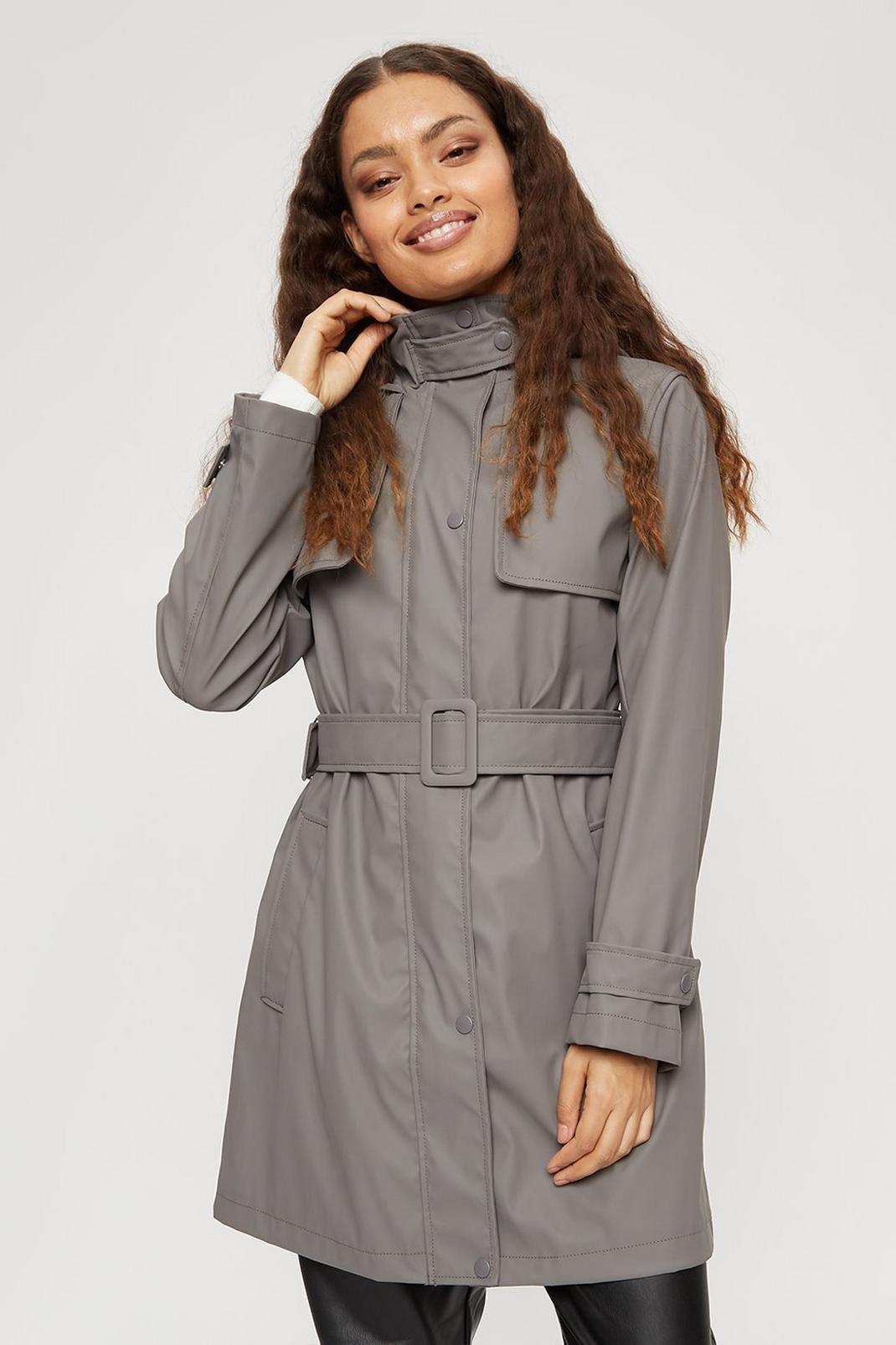 Charcoal Petite Lined Belted Raincoat image number 1