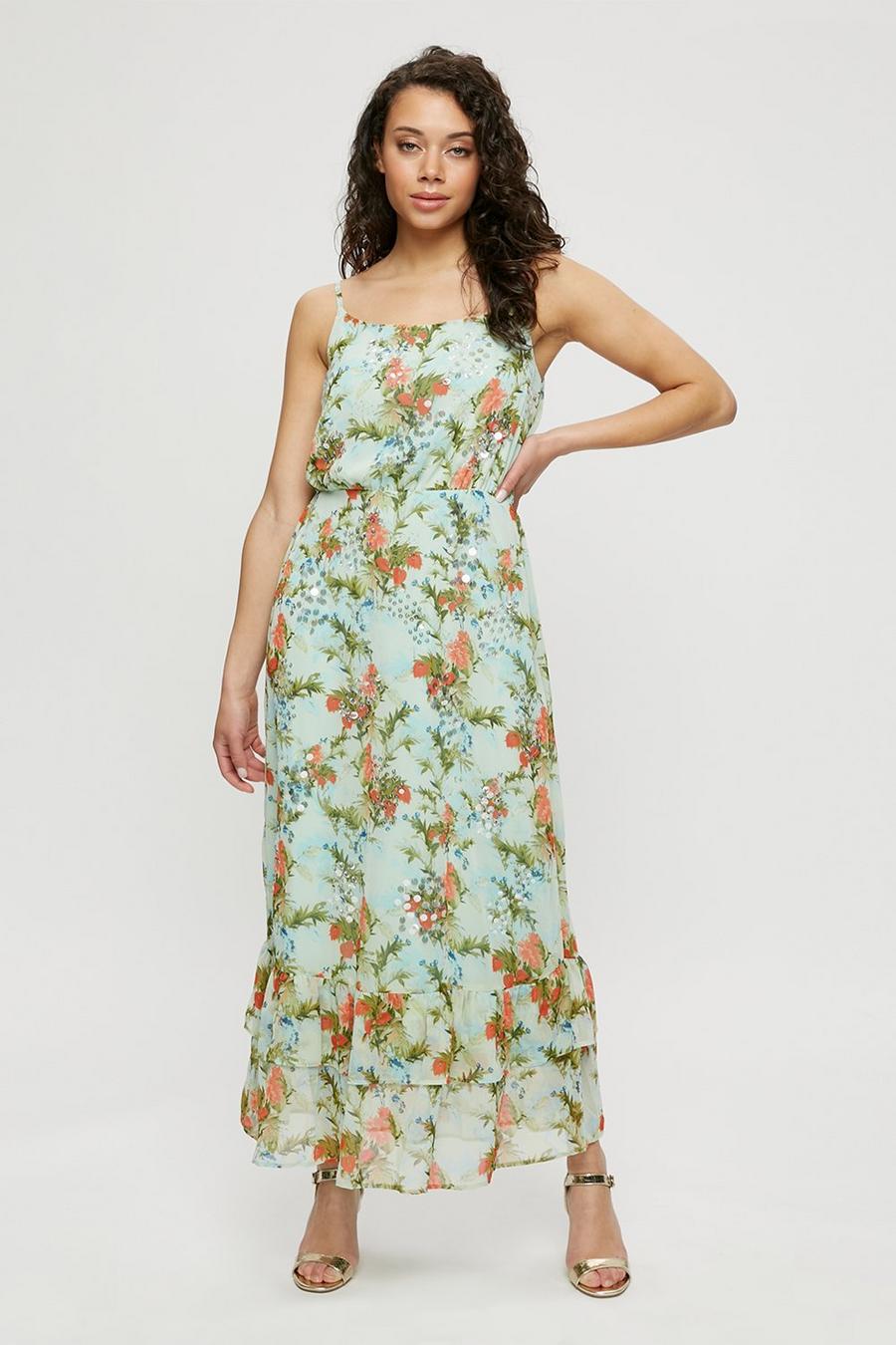 Mint Sequin Floral Midi Dress