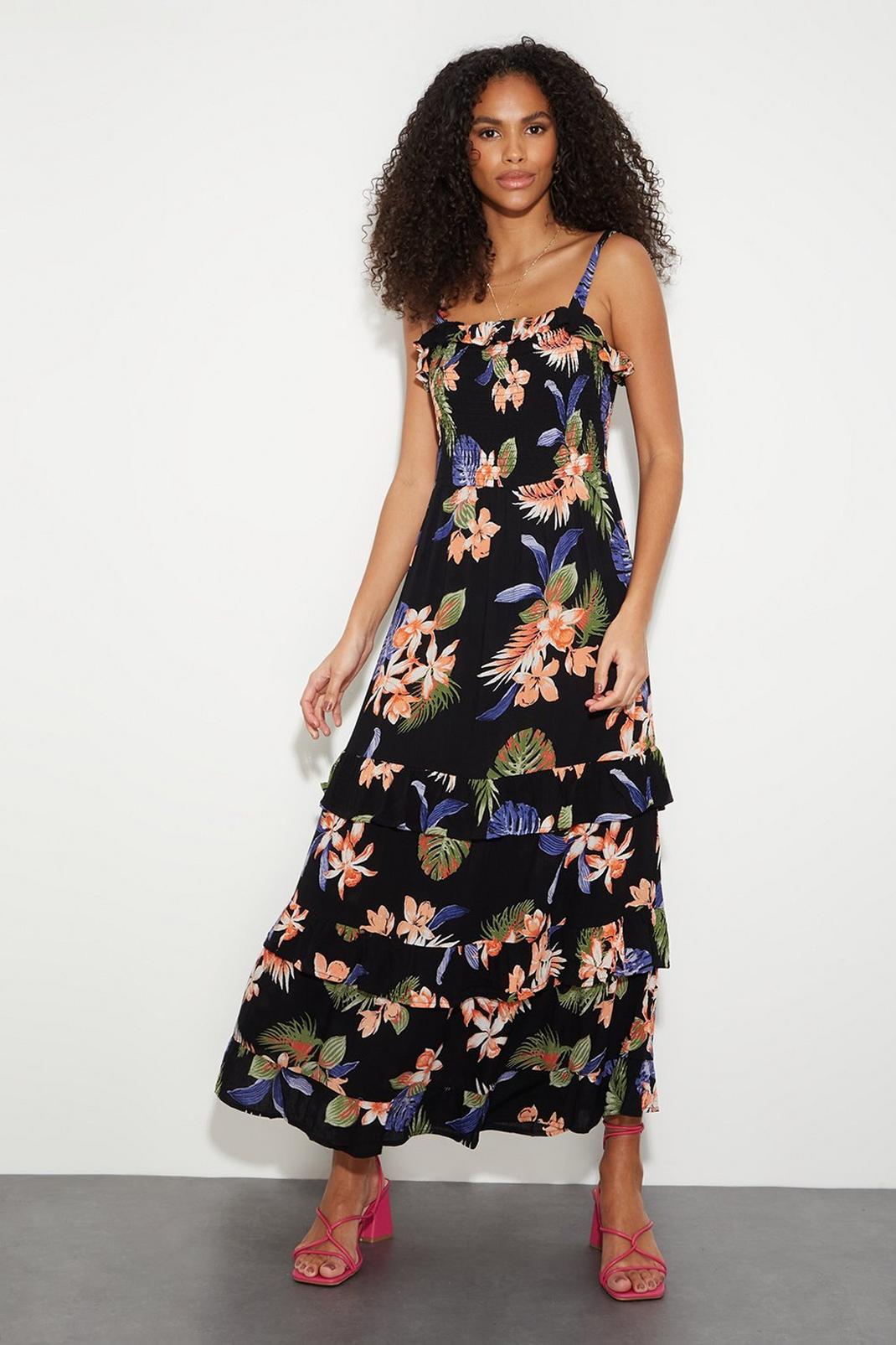 105 Tropical Print Shirred Midaxi Dress image number 1
