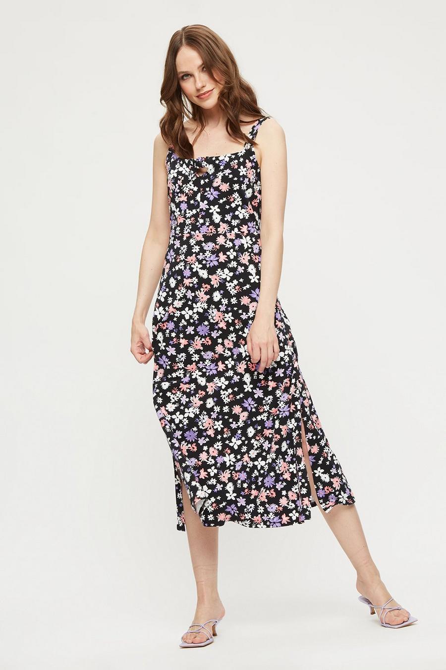 Pink Lilac Floral Tie Front Midi Dress