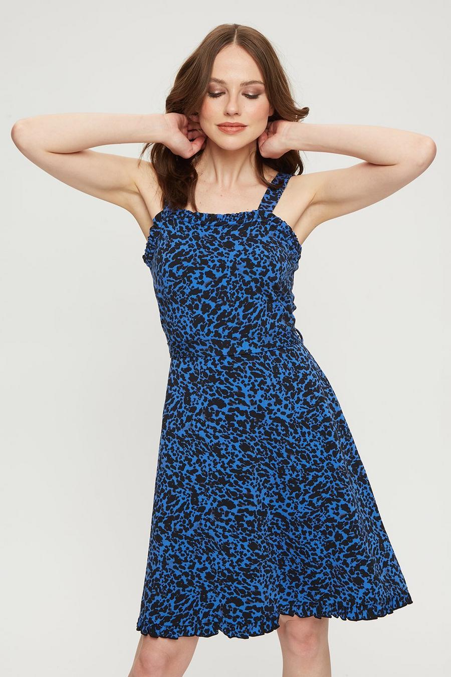 Blue Animal Ruffle Mini Dress