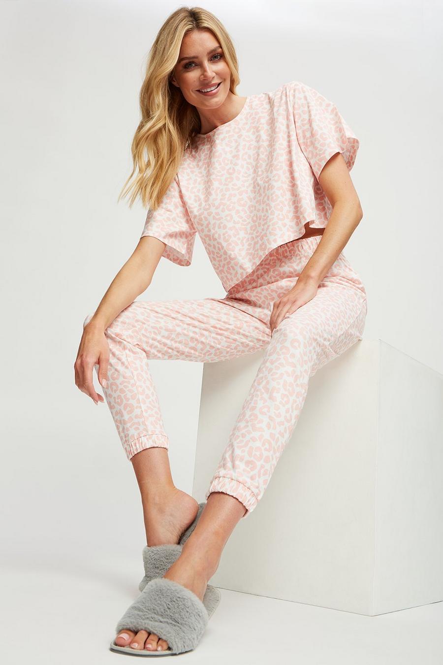 Animal Print Oversize T-Shirt and Cuffed Trousers Pyjama Set