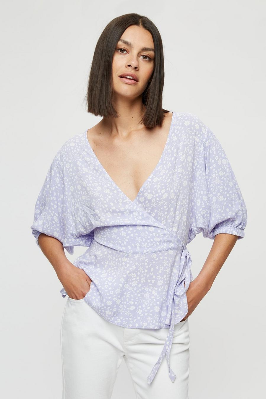 Lilac Ditsy Wrap Over 3/4 Sleeve Top