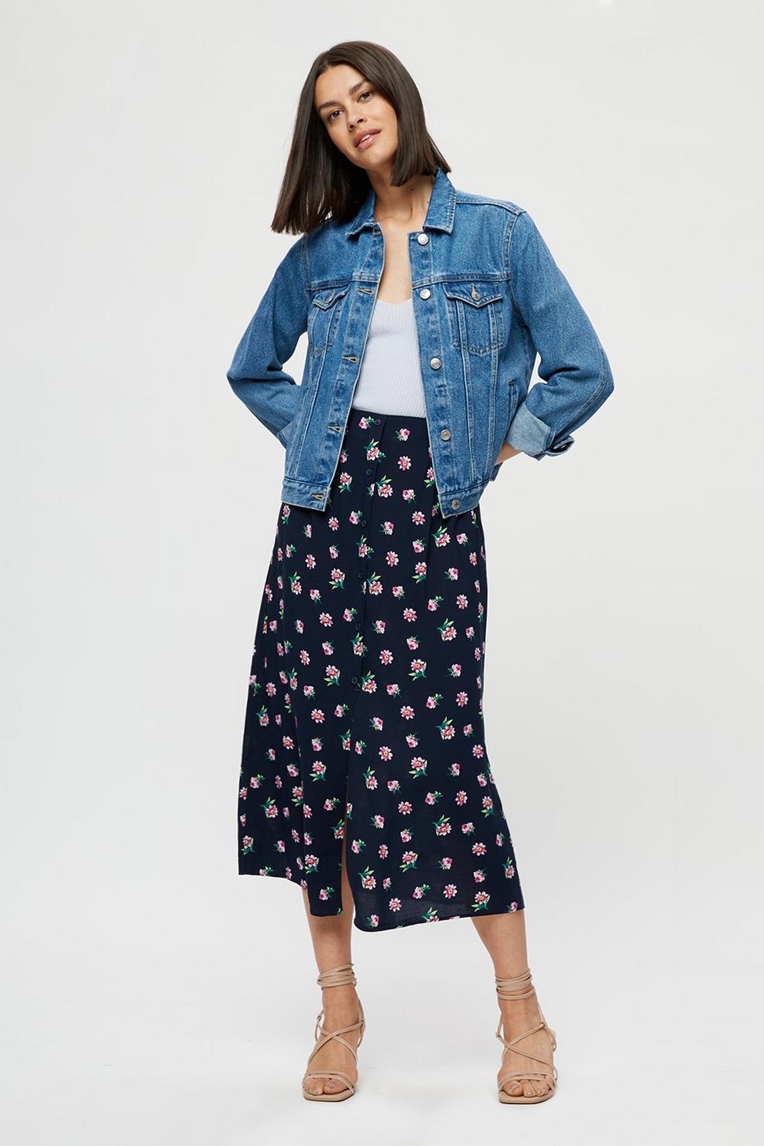 148 Navy Floral Button Midaxi Skirt image number 1