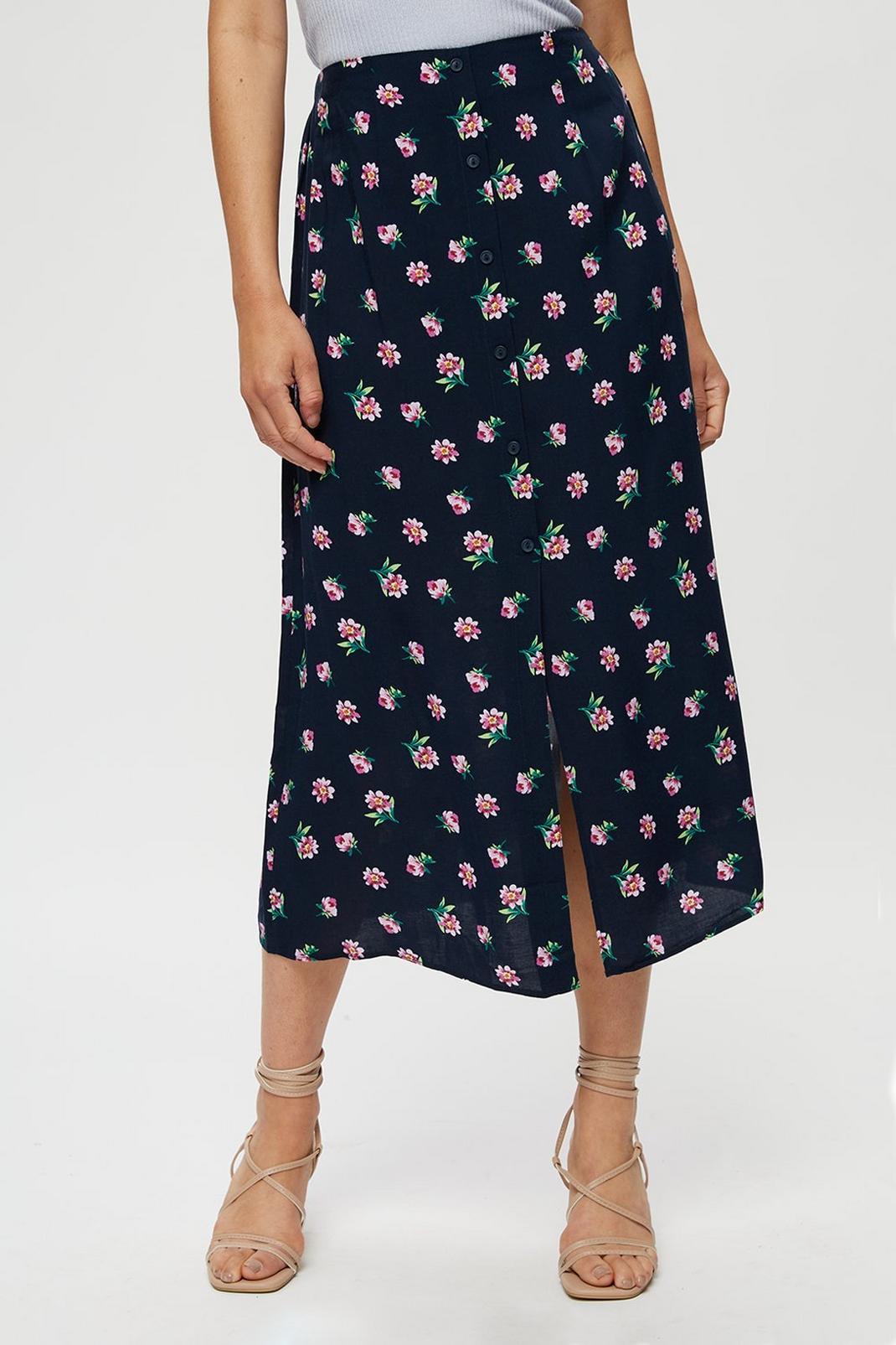 148 Navy Floral Button Midaxi Skirt image number 2