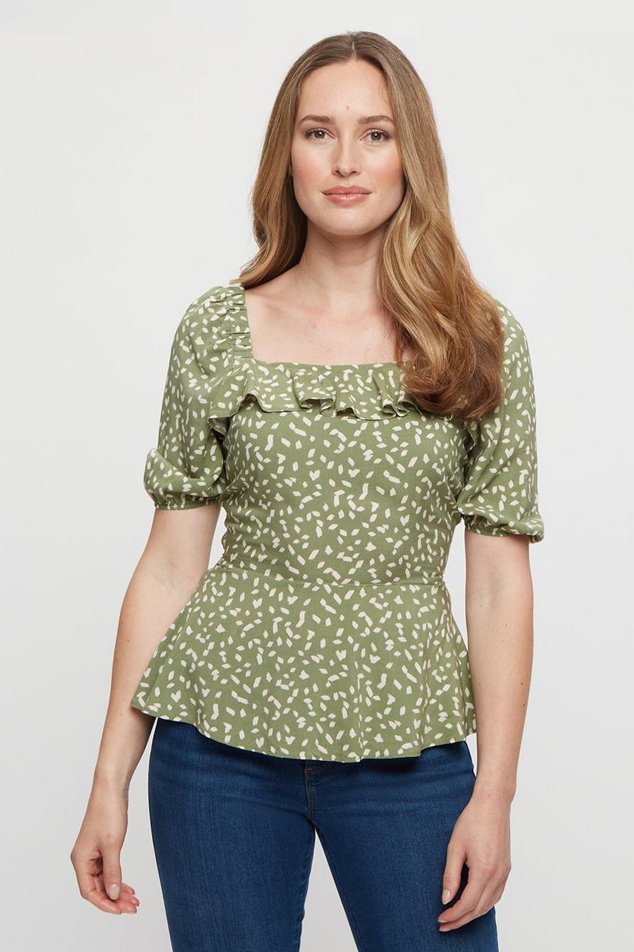Green Abstract Print Square Neck Peplum Top