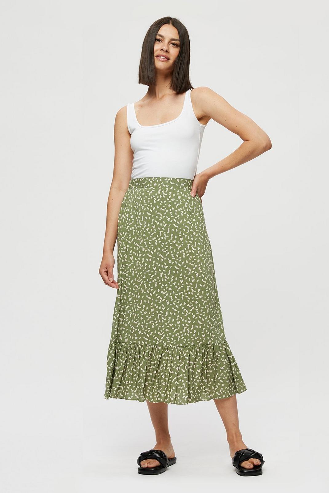 130 Green Abstract Printed Midi Tiered Skirt  image number 1