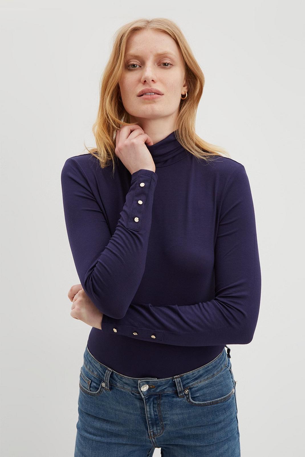 Navy Button Cuff Roll Neck image number 1