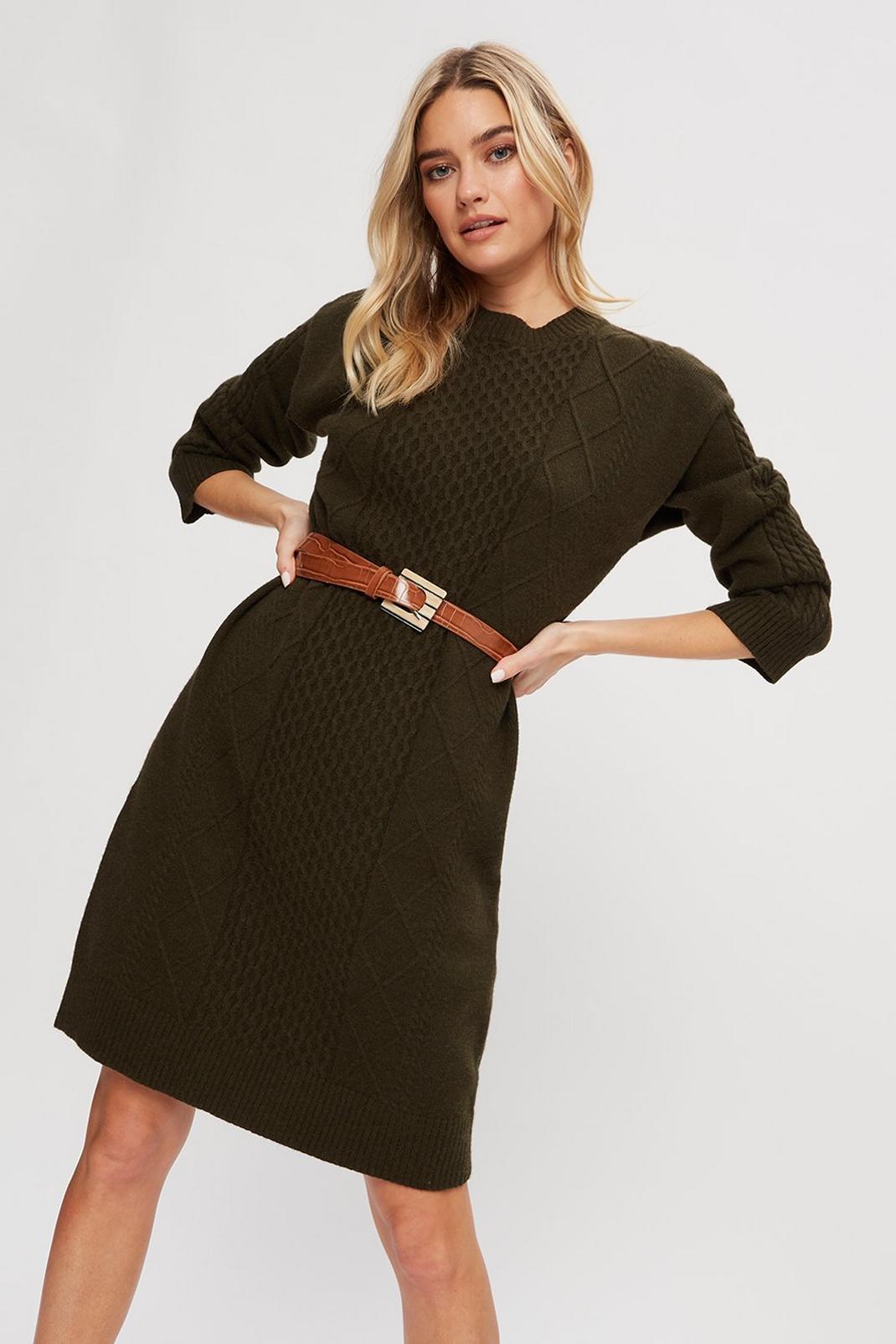 Khaki Cable Knitted Jumper Dress image number 1