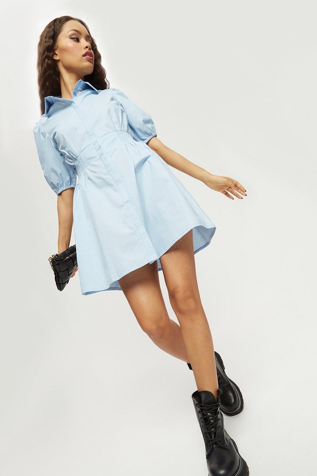 106 Petite Chambray Poplin Shirred Shirt Dress image number 1