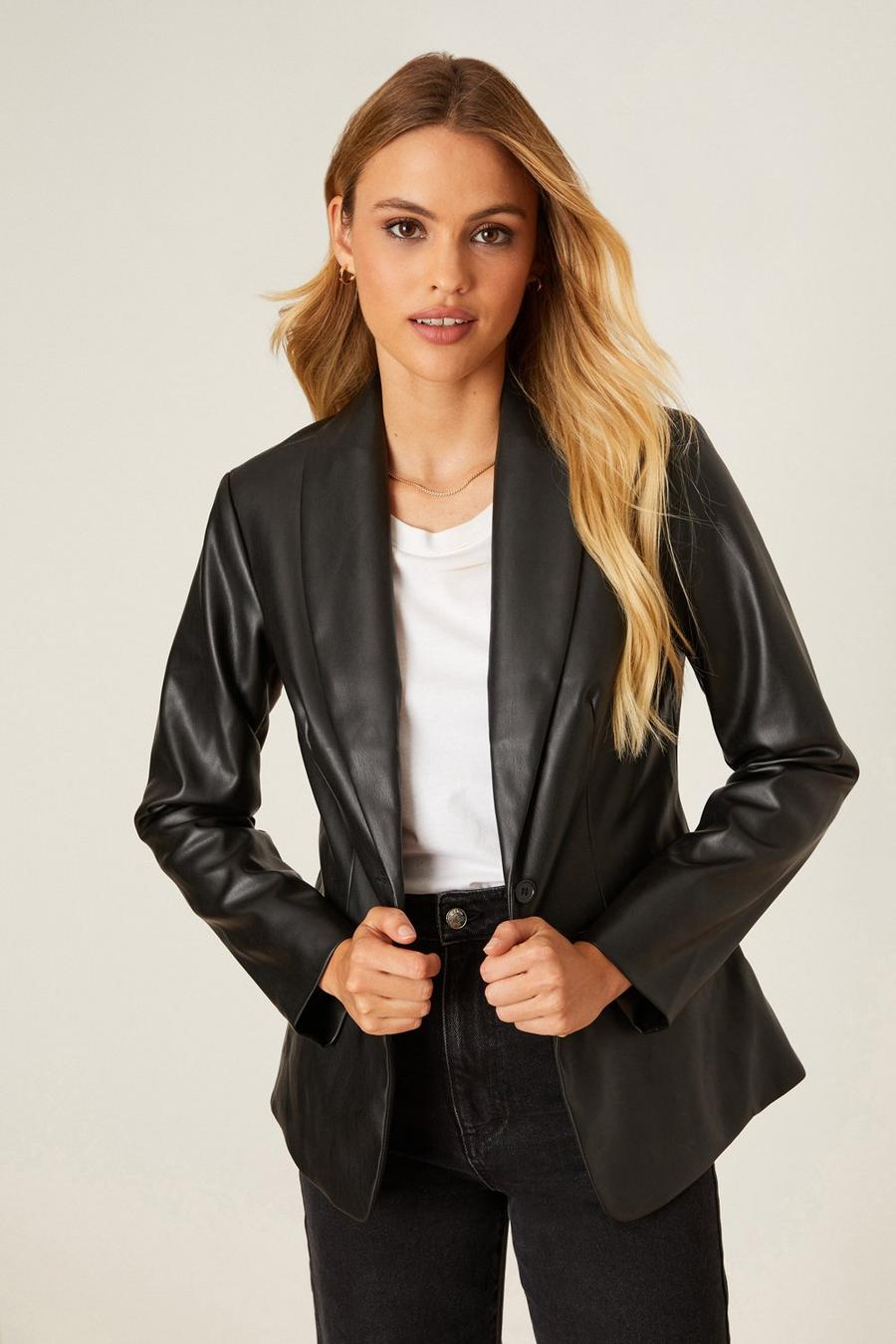 Black Faux Leather Tailored Single Breasted Blazer