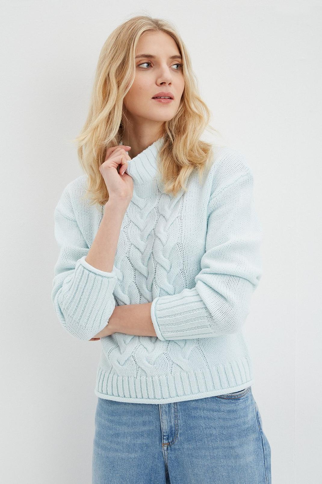 Mint High Neck Cable Knit Jumper image number 1