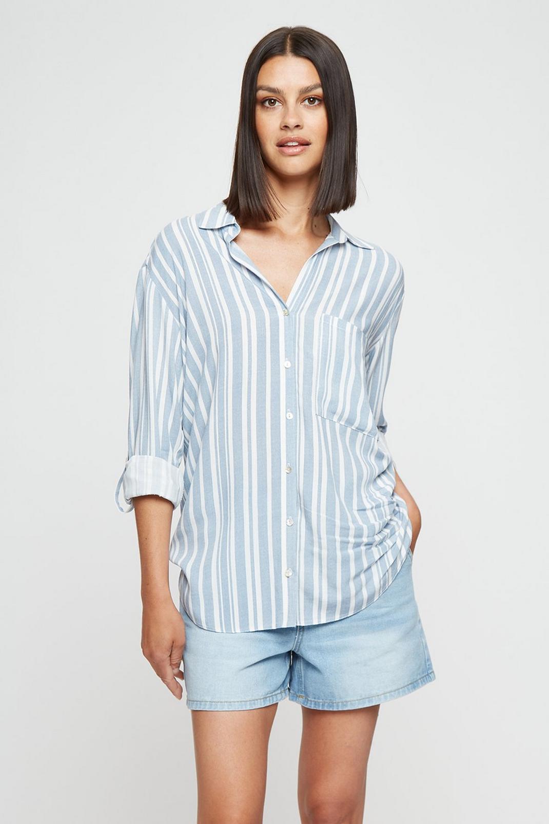 106 Blue Stripe Long Sleeve Button Front Shirt image number 1