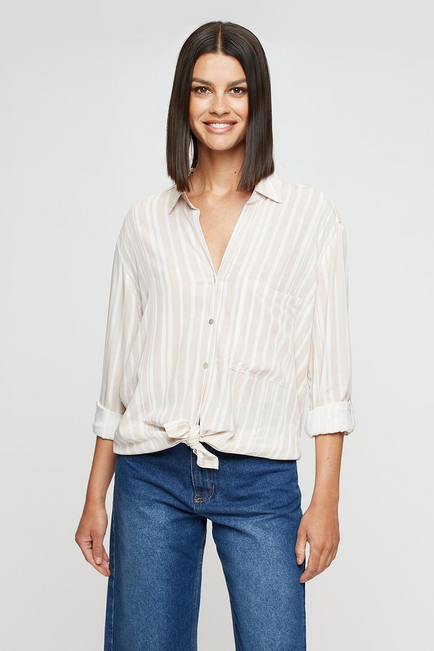 Camel Stripe Long Sleeve Button Front Shirt | Dorothy Perkins UK