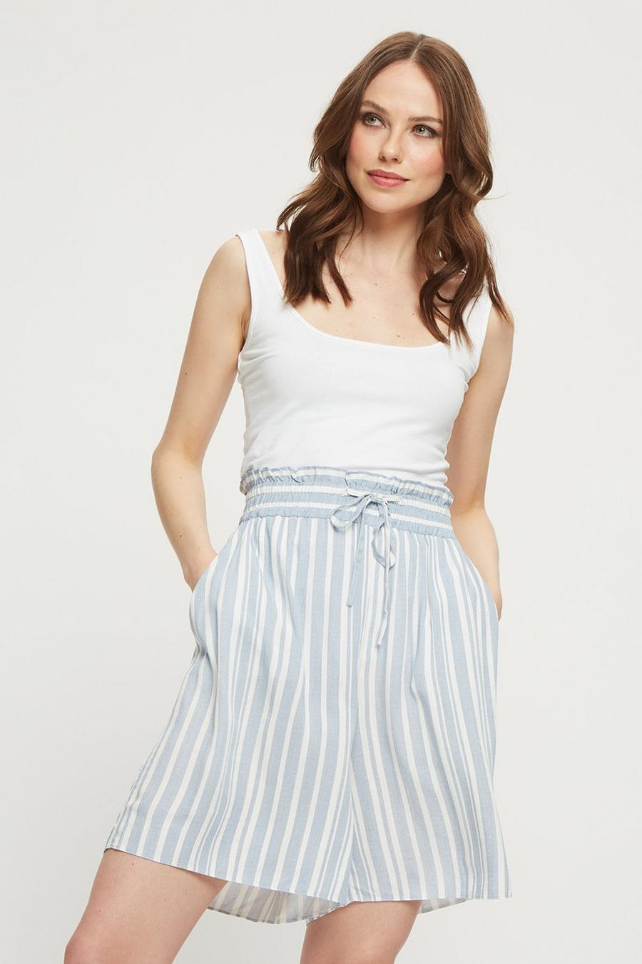 Blue Stripe Shirred Waist Short