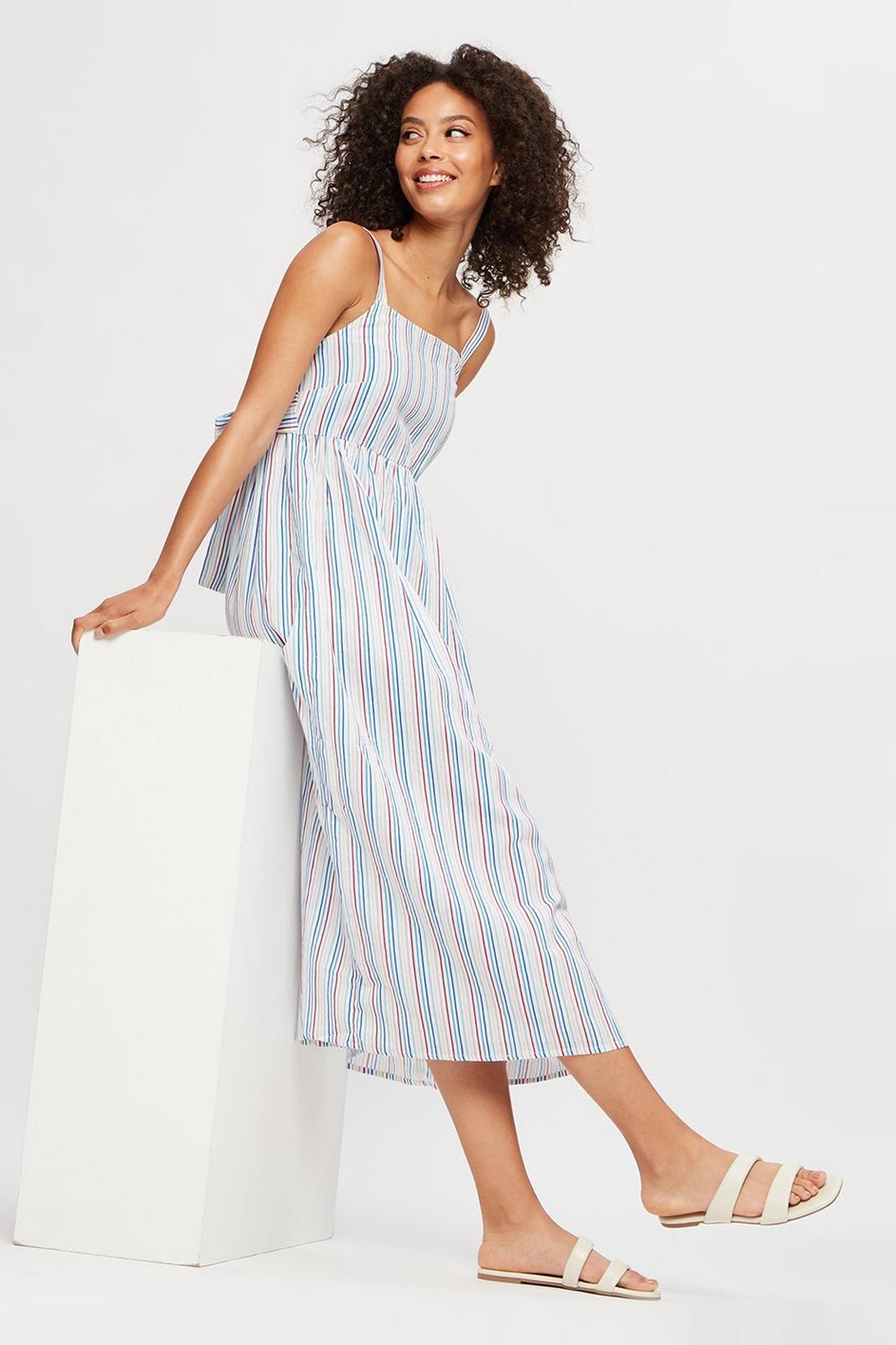 144 Stripe Linen Look Strappy Bow Back Midaxi Dress image number 2