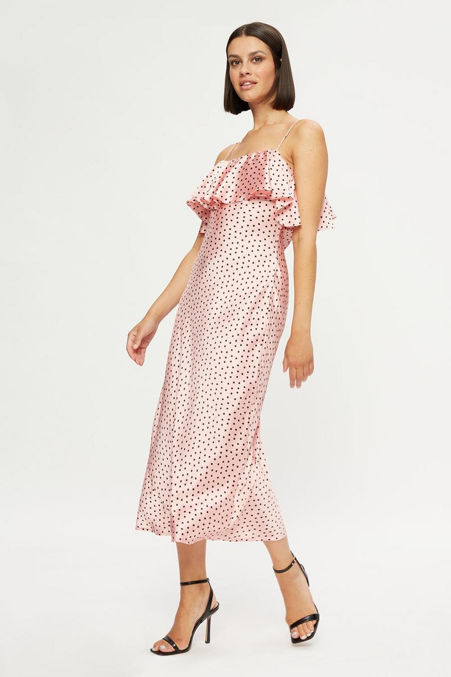 Pink Satin Spot Strappy Midi Dress