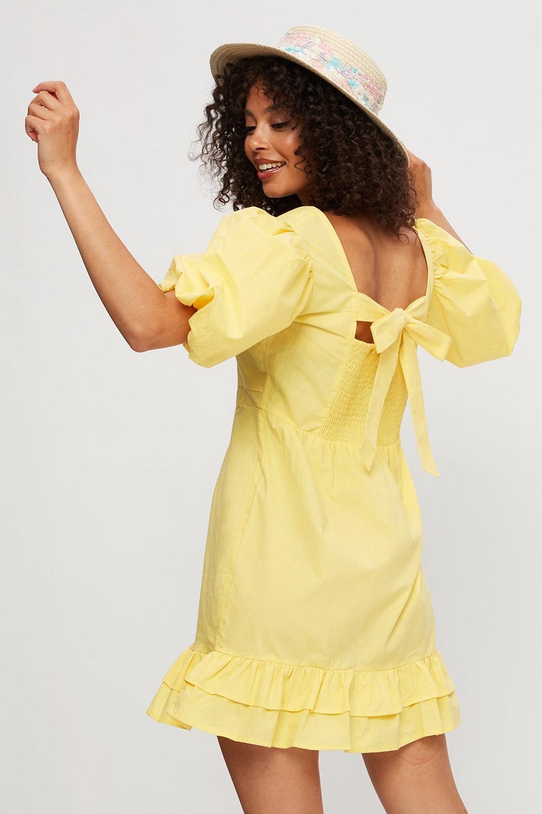 Yellow  Puff Sleeve Bow Back Mini Dress image number 1
