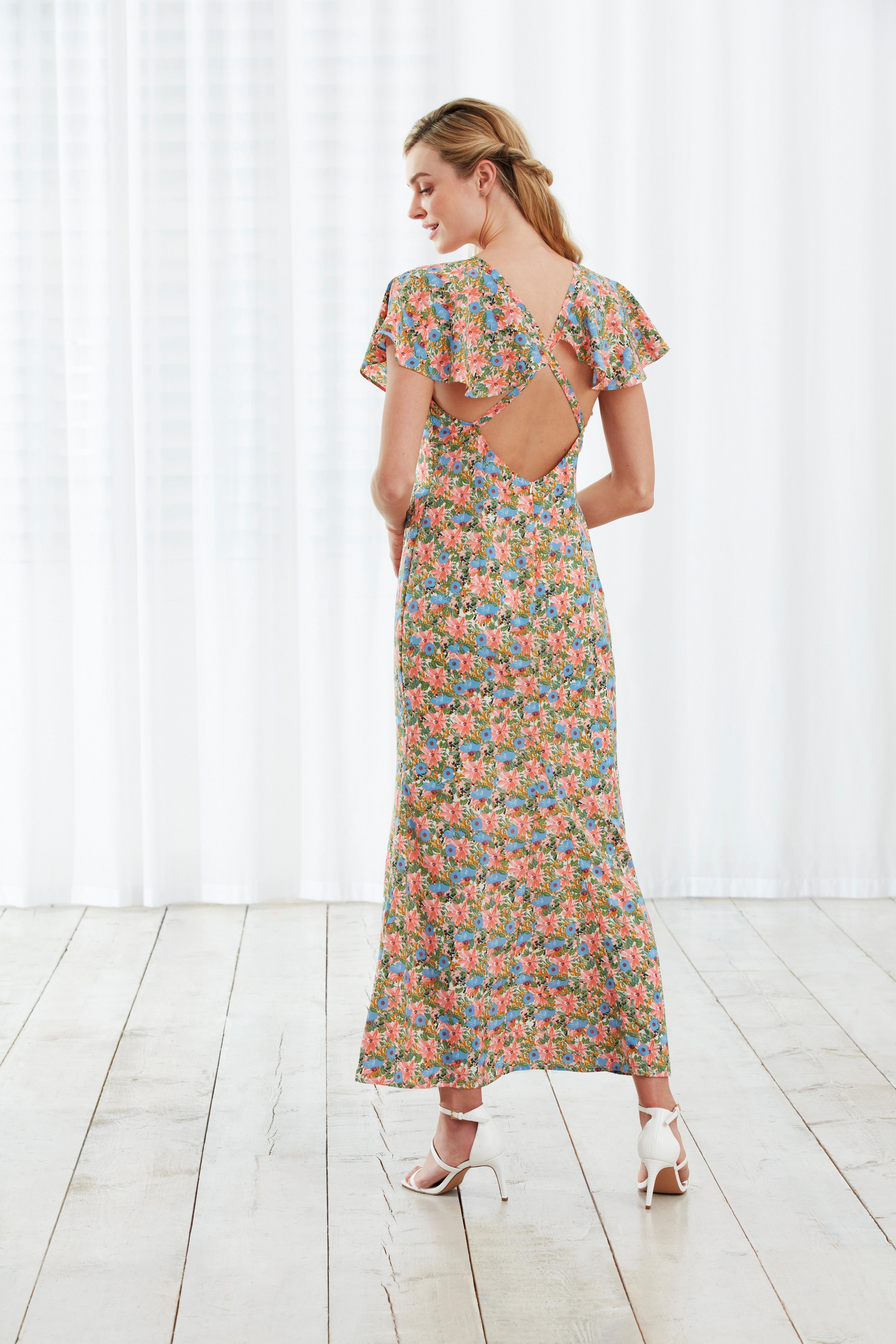floral flutter sleeve maxi dress