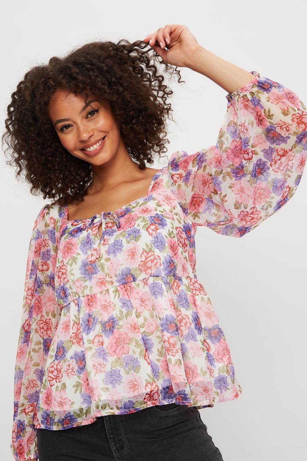 Bright Floral Puff Sleeve Top image number 1