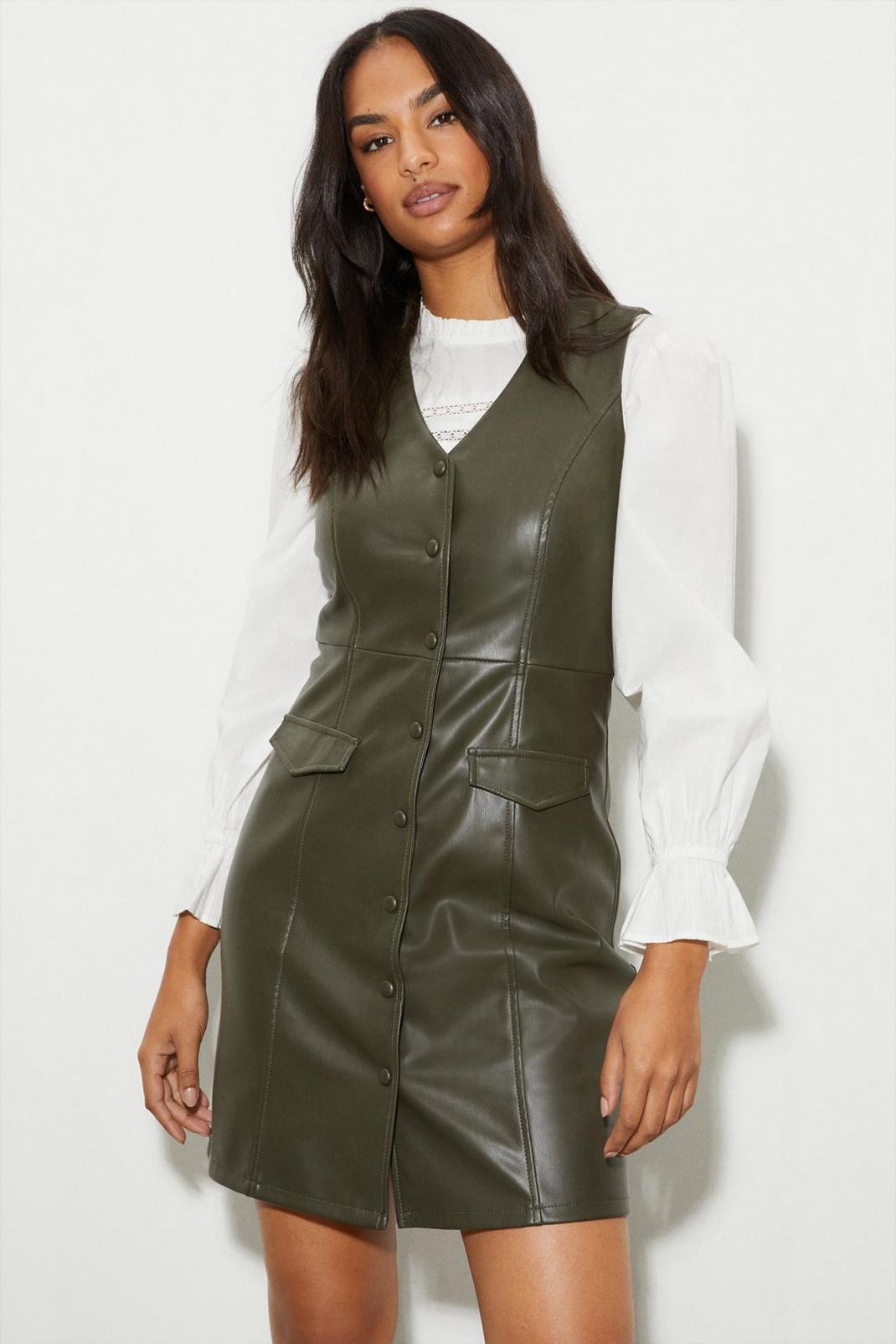 Olive Faux Leather Button Down Dress image number 1