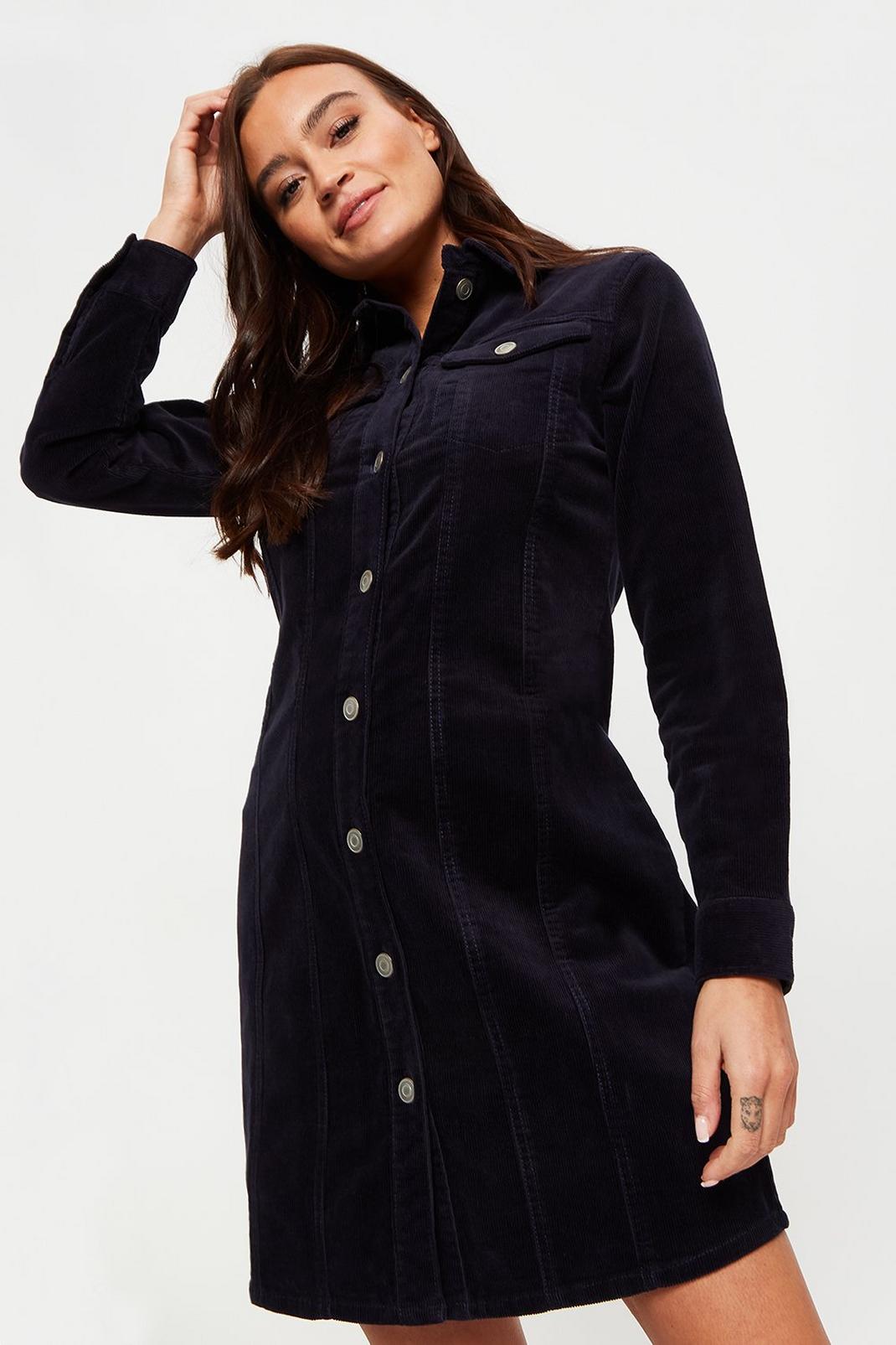 Midnight Cord Seamed Shirt Dress image number 1
