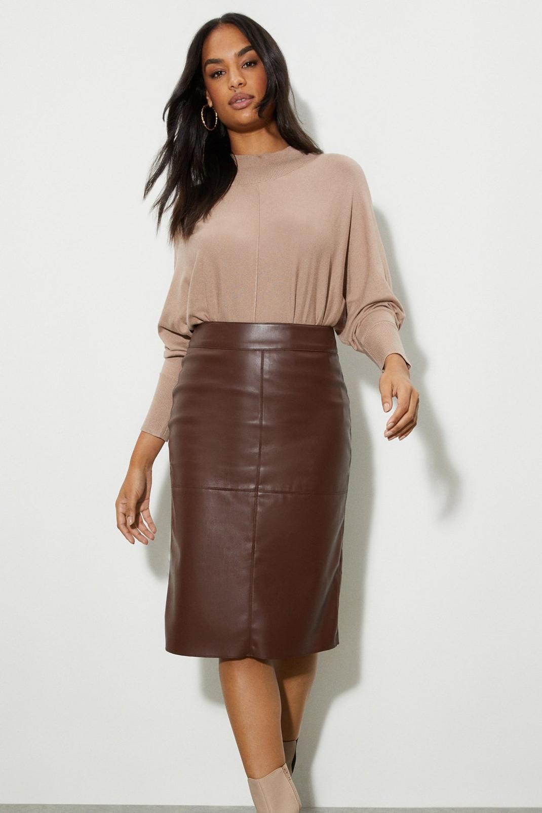 Chocolate Faux Leather Seam Detail Midi Skirt image number 1