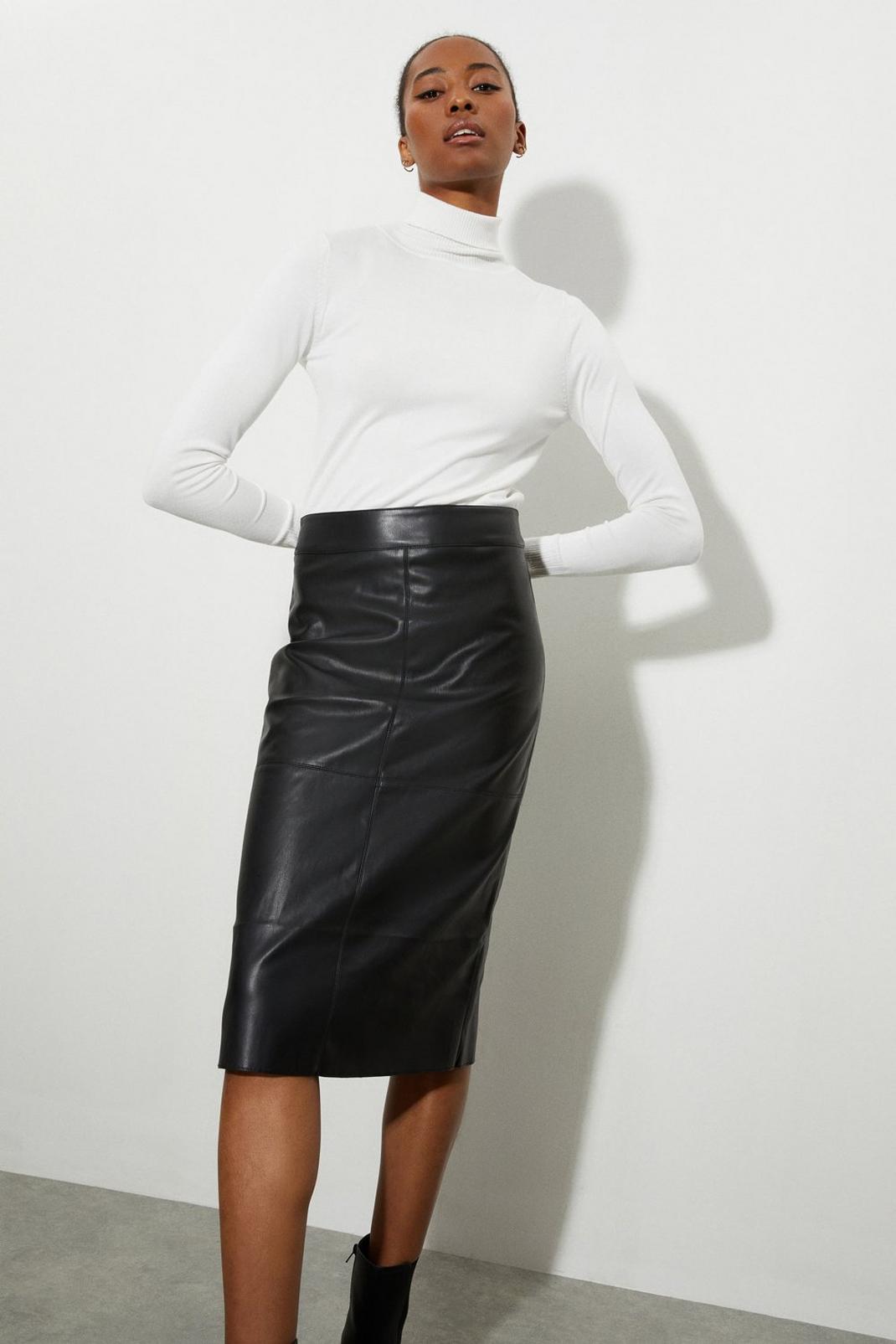 Black Tall Faux Leather Seam Detail Midi Skirt image number 1