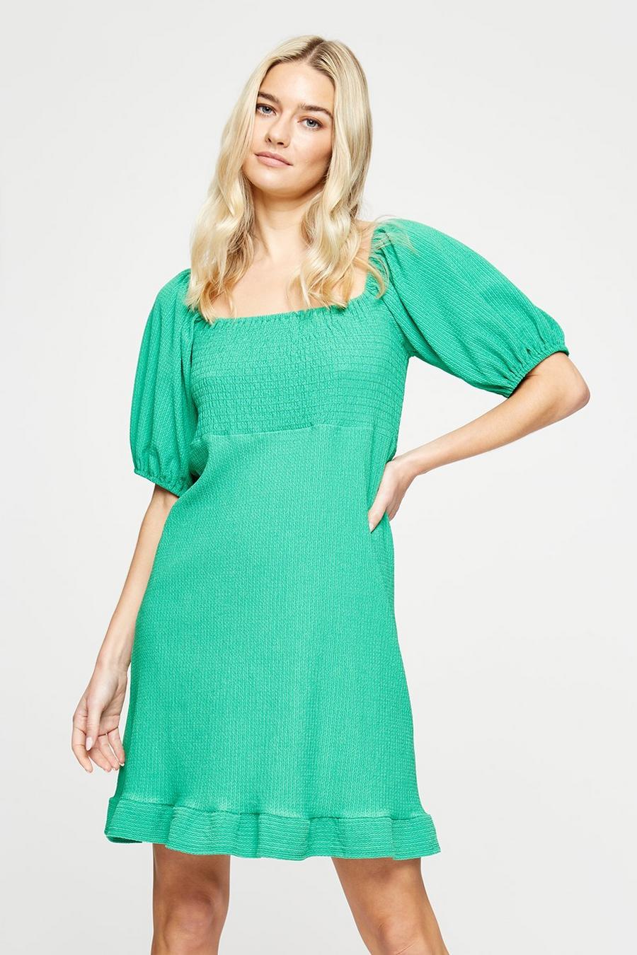 Green Textured Shirred Mini Dress