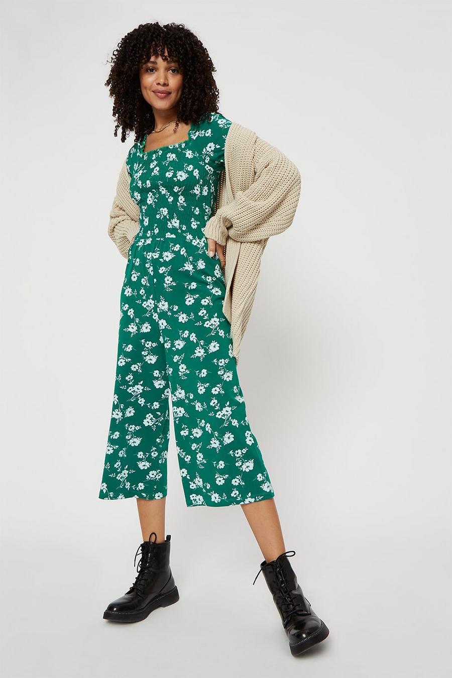 Green Floral Shirred Culotte Jumpsuit