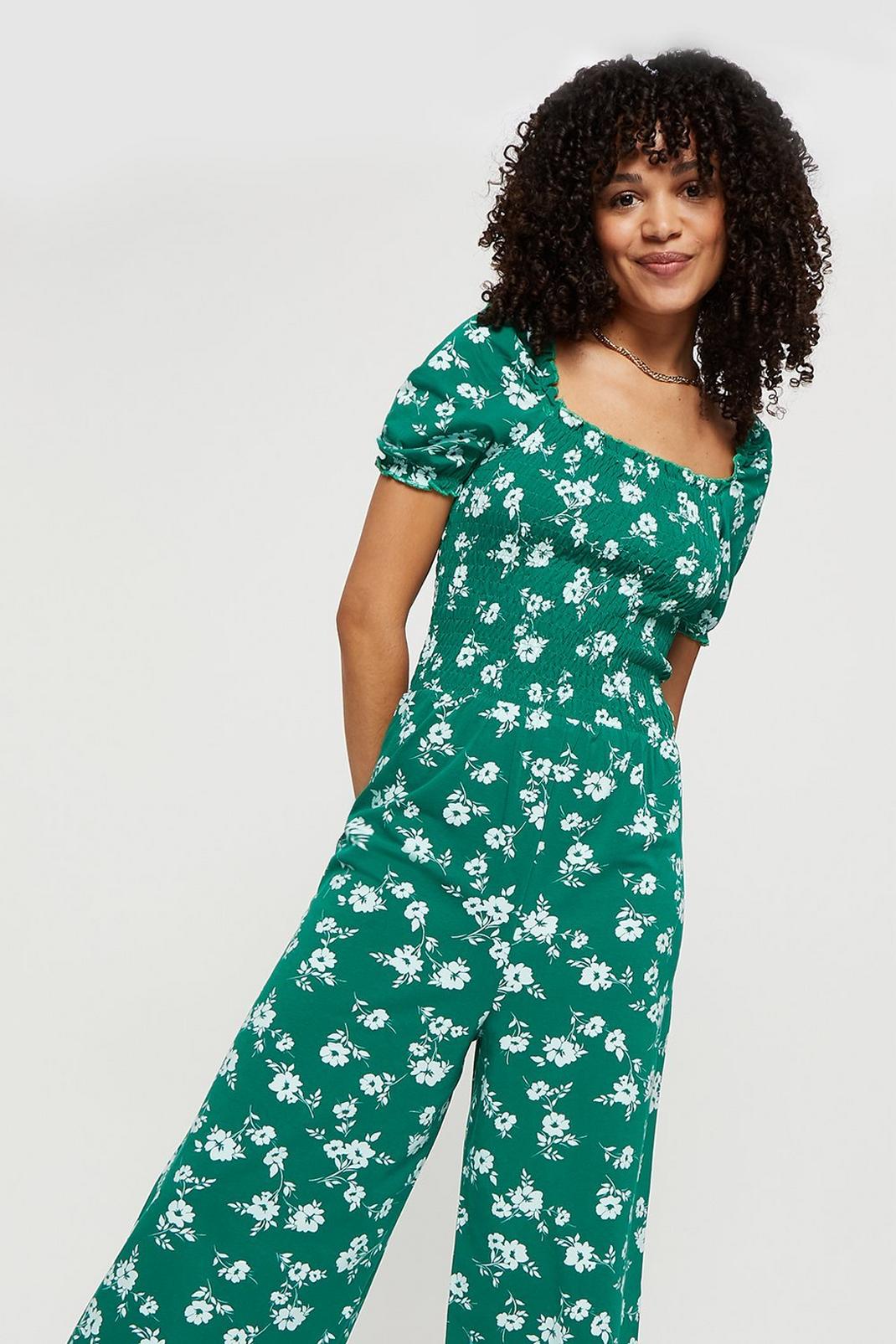 130 Green Floral Shirred Culotte Jumpsuit image number 2