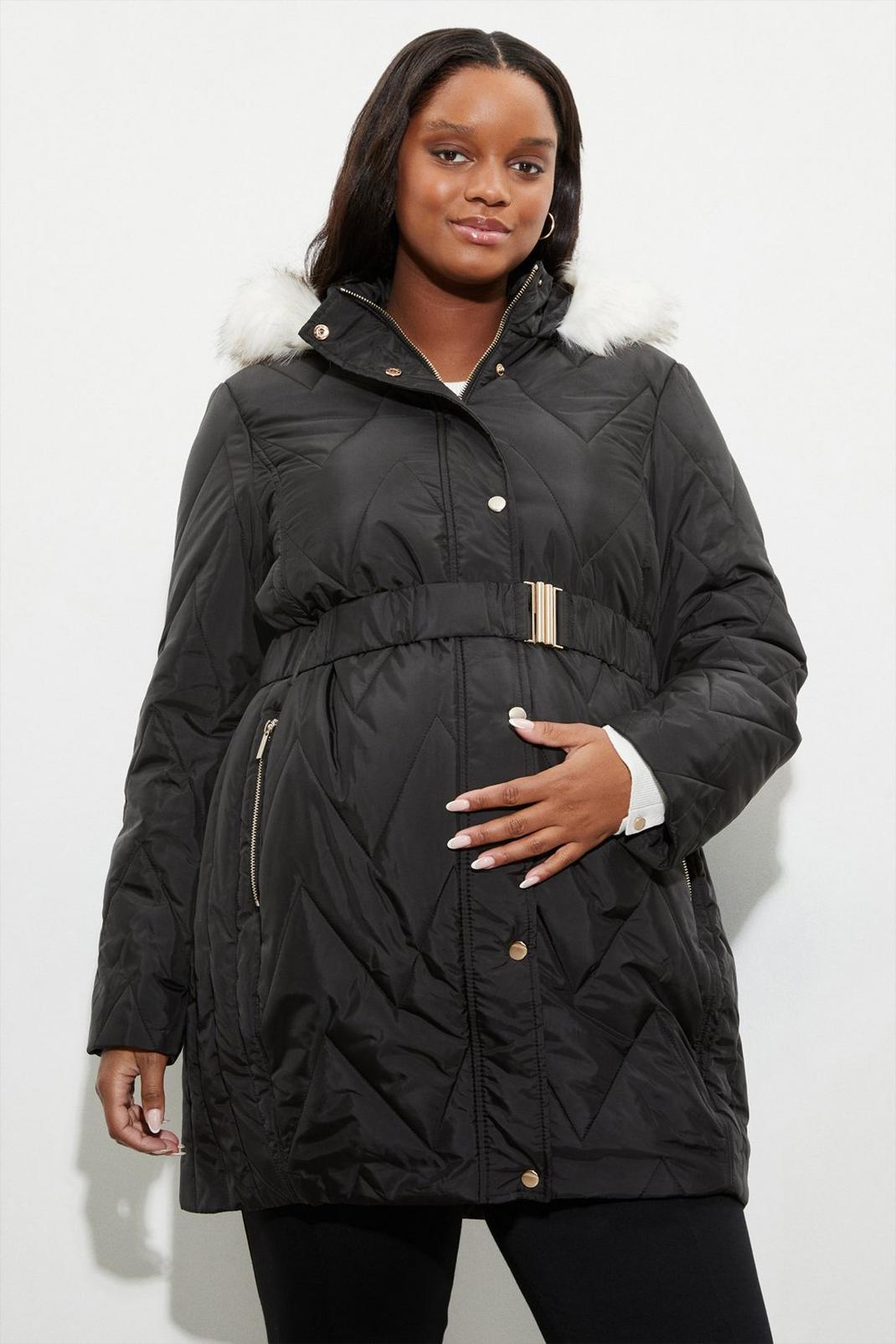 Black Recycled Maternity Zig Zag Quilted Long Padded Coat image number 1